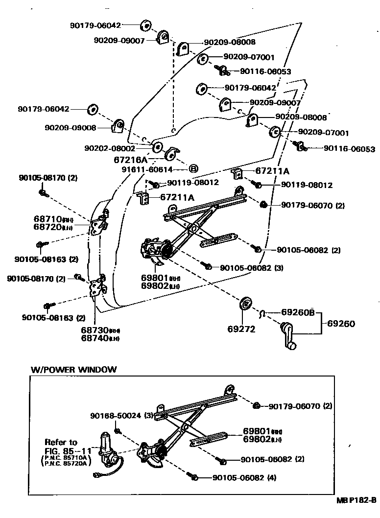 Toyota CAMRY 前门车窗升降器和合页 EPC diagram — MBP182B