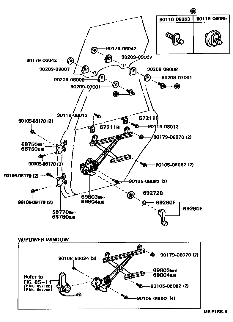 Toyota CAMRY 后门车窗升降器和合页 EPC diagram — MBP188B