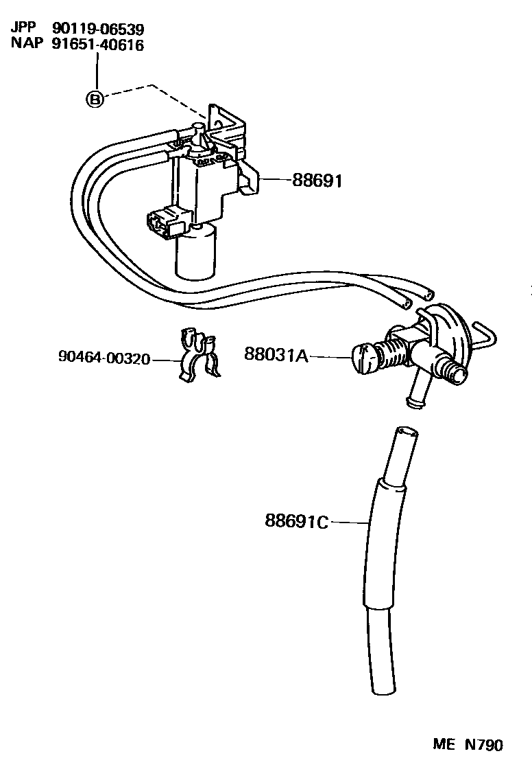 Toyota CAMRY 暖风和空调系统 - 真空管 EPC diagram — MEN790