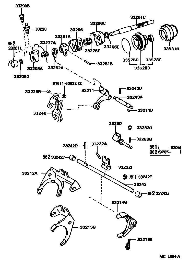 Toyota CAMRY 换档拨叉和换档杆轴(MTM) EPC diagram — MCL834A