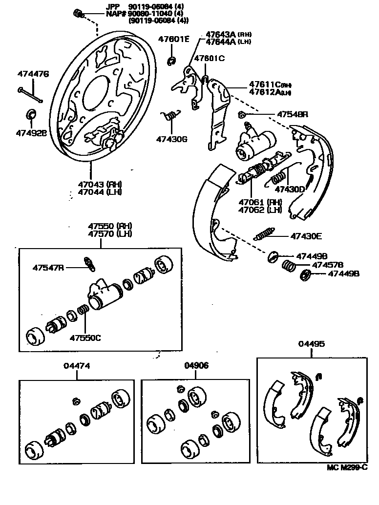 Toyota CAMRY 后鼓式制动器分泵和底板 EPC diagram — MCM299C