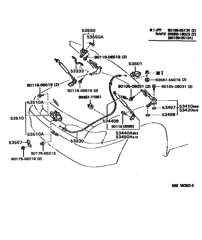 Toyota CAMRY 发动机盖锁和铰链 EPC diagram — MBW202E