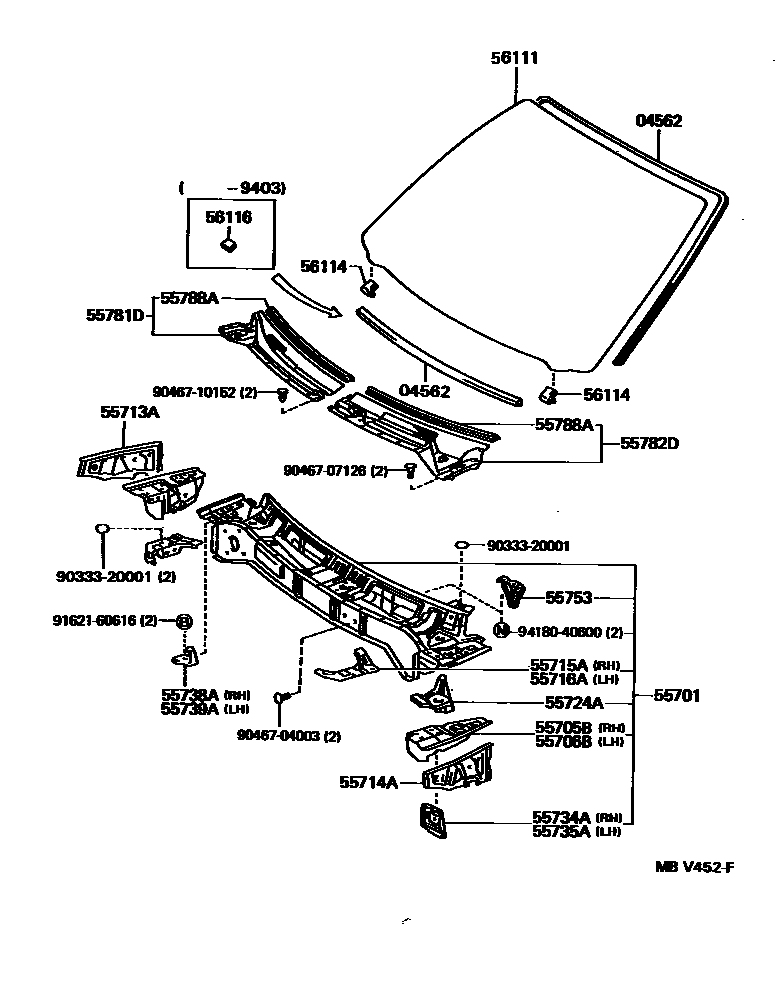 Toyota CAMRY 前围板和挡风玻璃 EPC diagram — MBV452F