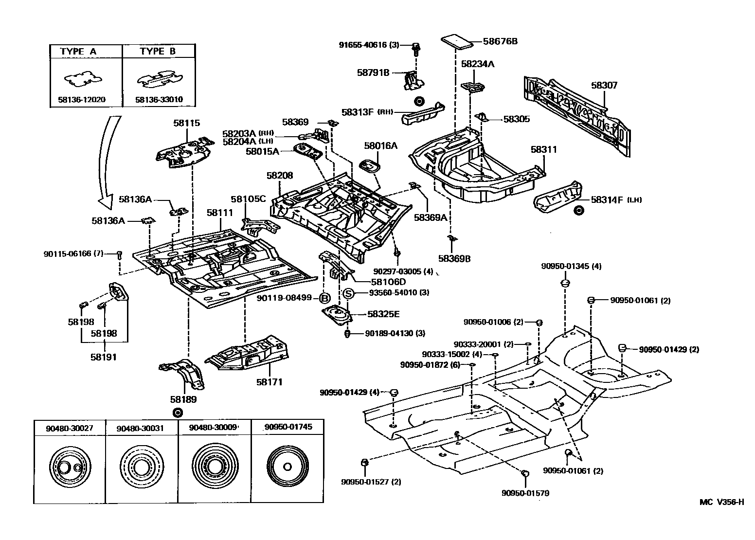 Toyota CAMRY 浅盘形地板和车身下背板 EPC diagram — MCV356H
