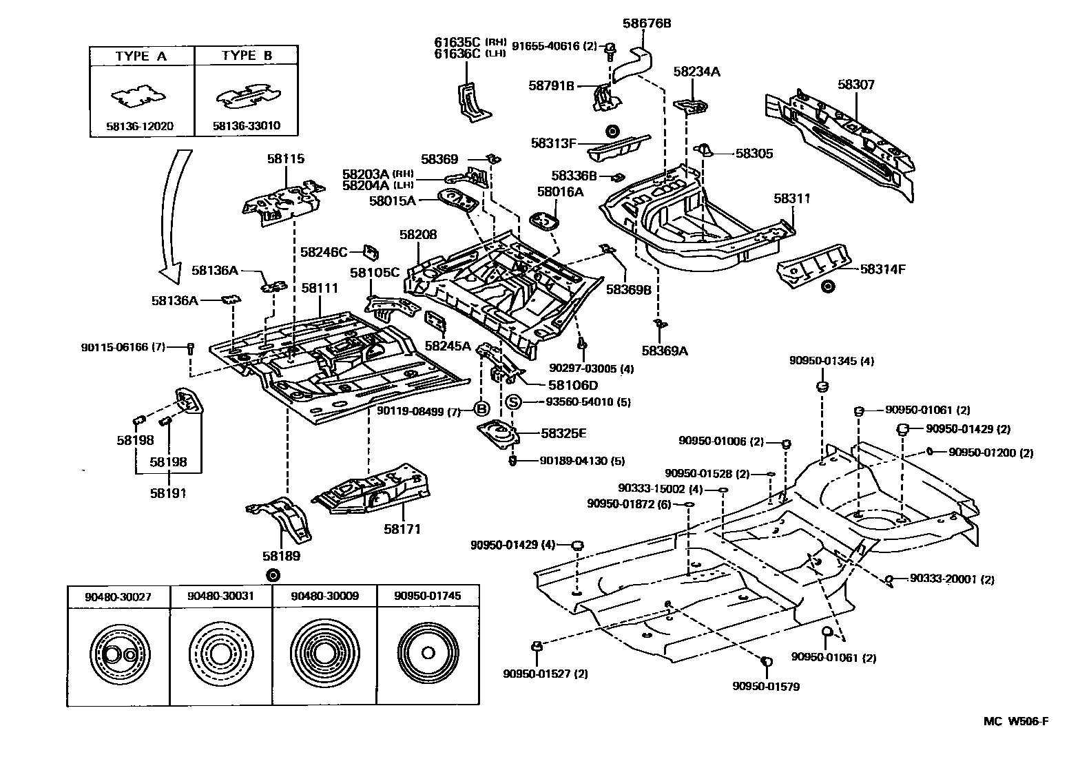 Toyota CAMRY 浅盘形地板和车身下背板 EPC diagram — MCW506F
