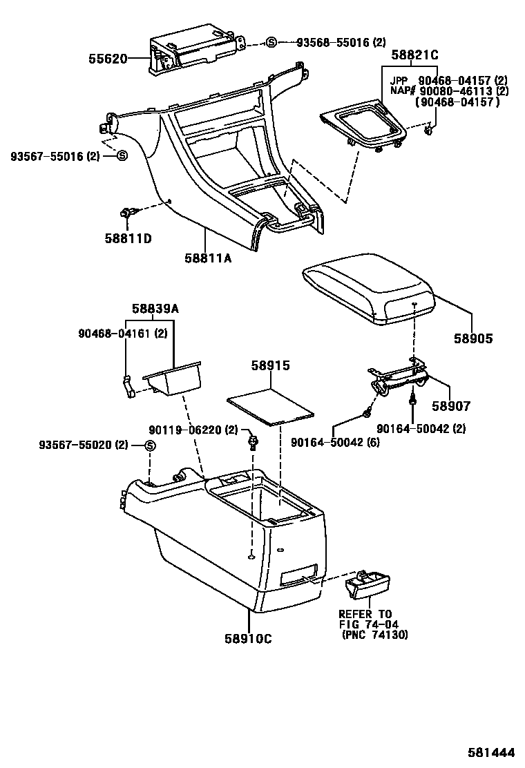 Toyota CAMRY 中央扶手箱和支架 EPC diagram — 581444