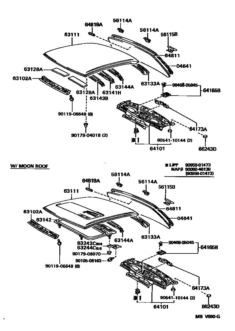 Toyota CAMRY 天窗板和背窗玻璃 EPC diagram — MBV590G