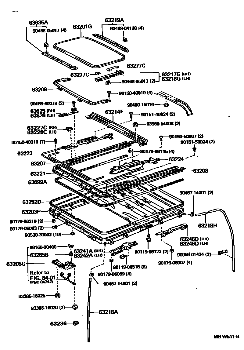 Toyota CAMRY 天窗板和背窗玻璃 EPC diagram — MBW511B