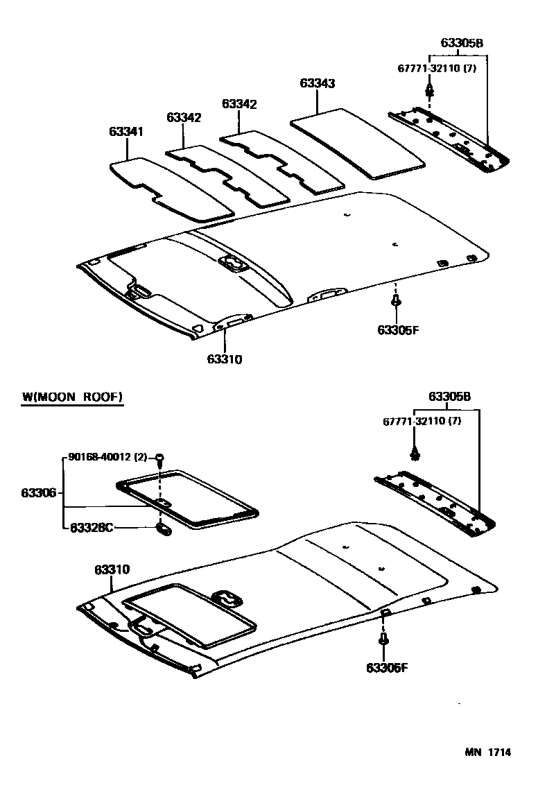 Toyota CAMRY 车顶内衬和消声垫 EPC diagram — MN1714
