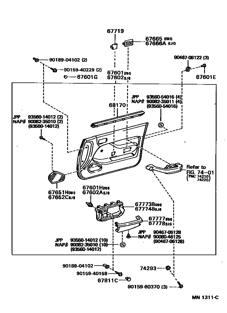 Toyota CAMRY 前门板和前门玻璃 EPC diagram — MN1311C