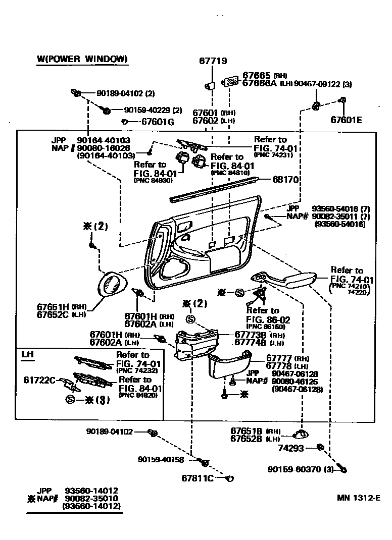 Toyota CAMRY 前门板和前门玻璃 EPC diagram — MN1312E