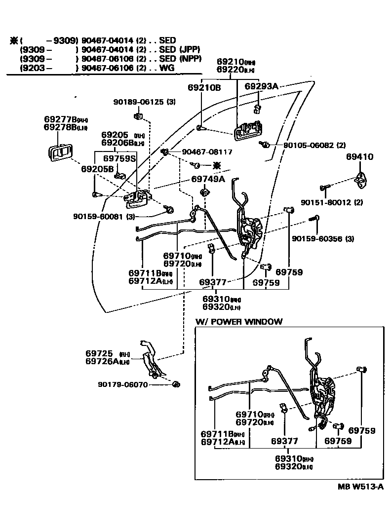 Toyota CAMRY 前门锁和车门把手 EPC diagram — MBW513A