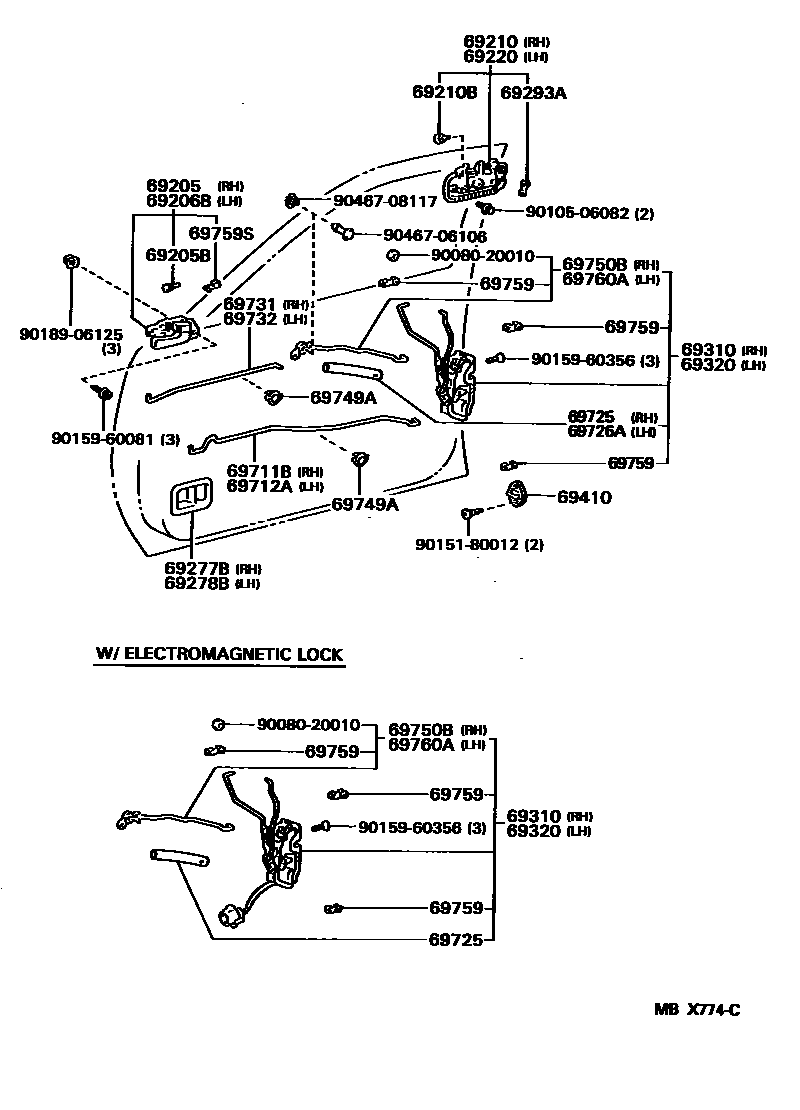 Toyota CAMRY 前门锁和车门把手 EPC diagram — MBX774C