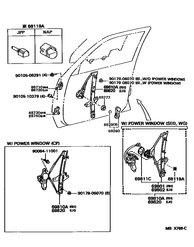 Toyota CAMRY 前门车窗升降器和合页 EPC diagram — MBX768C