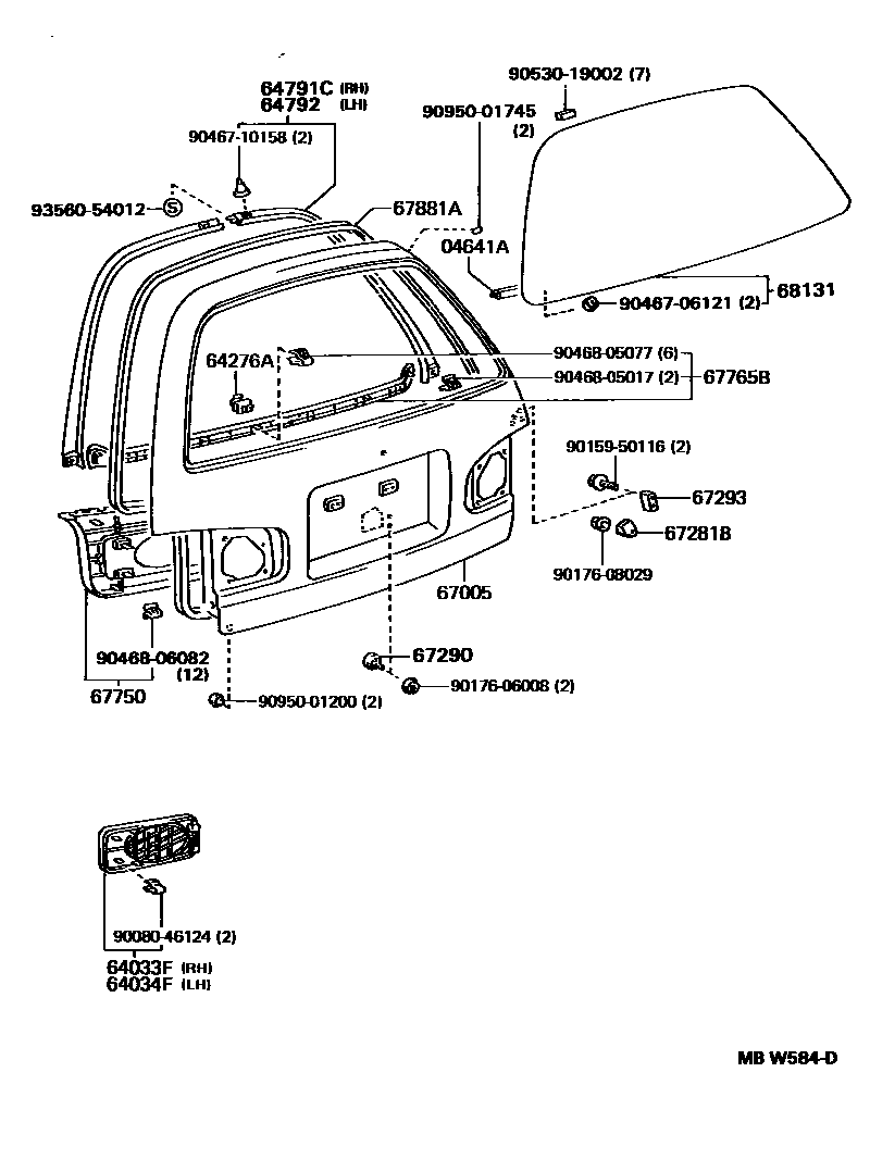 Toyota CAMRY 背门板和背门玻璃 EPC diagram — MBW584D