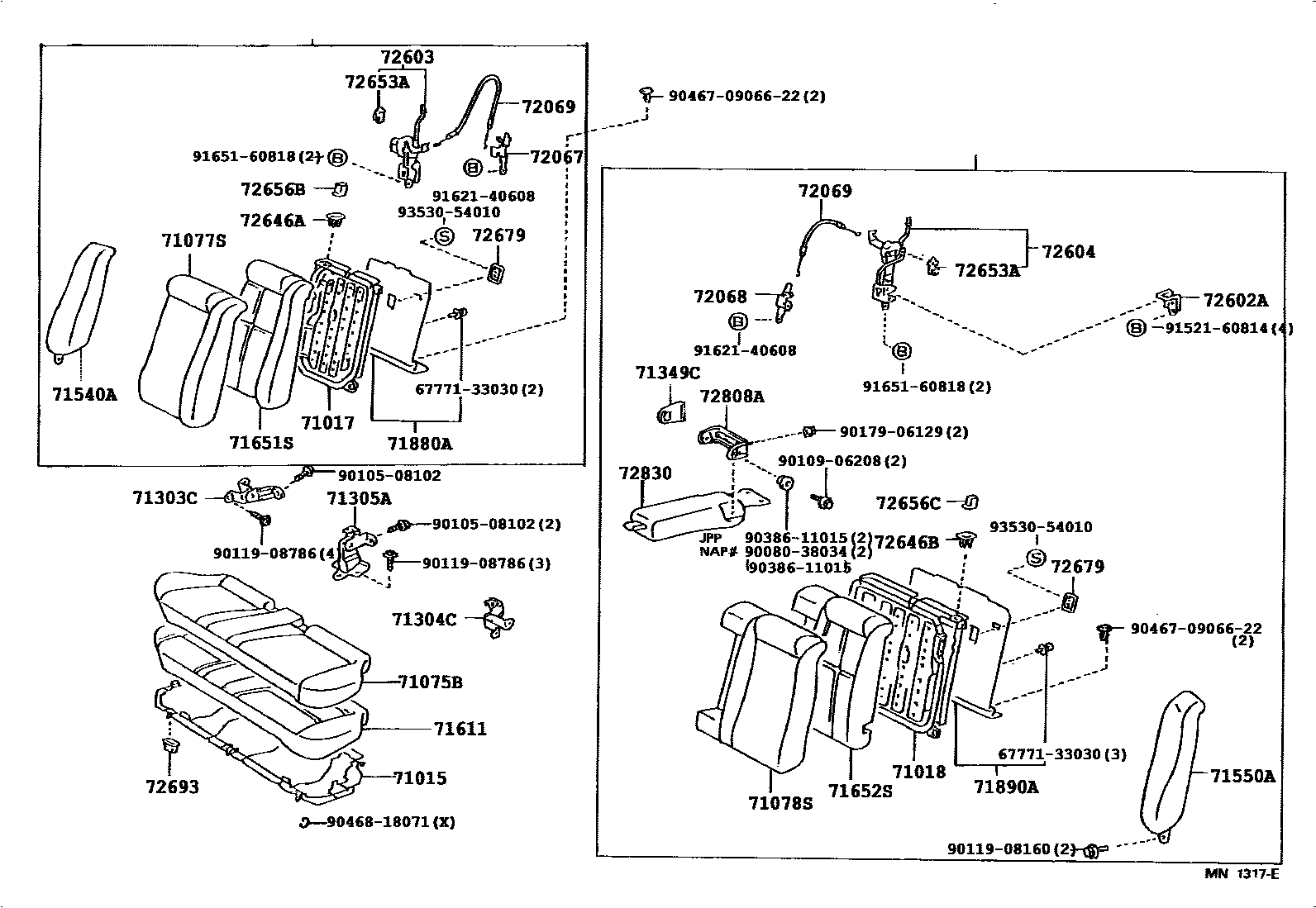 Toyota CAMRY 后排座椅和座椅滑轨 EPC diagram — 717076