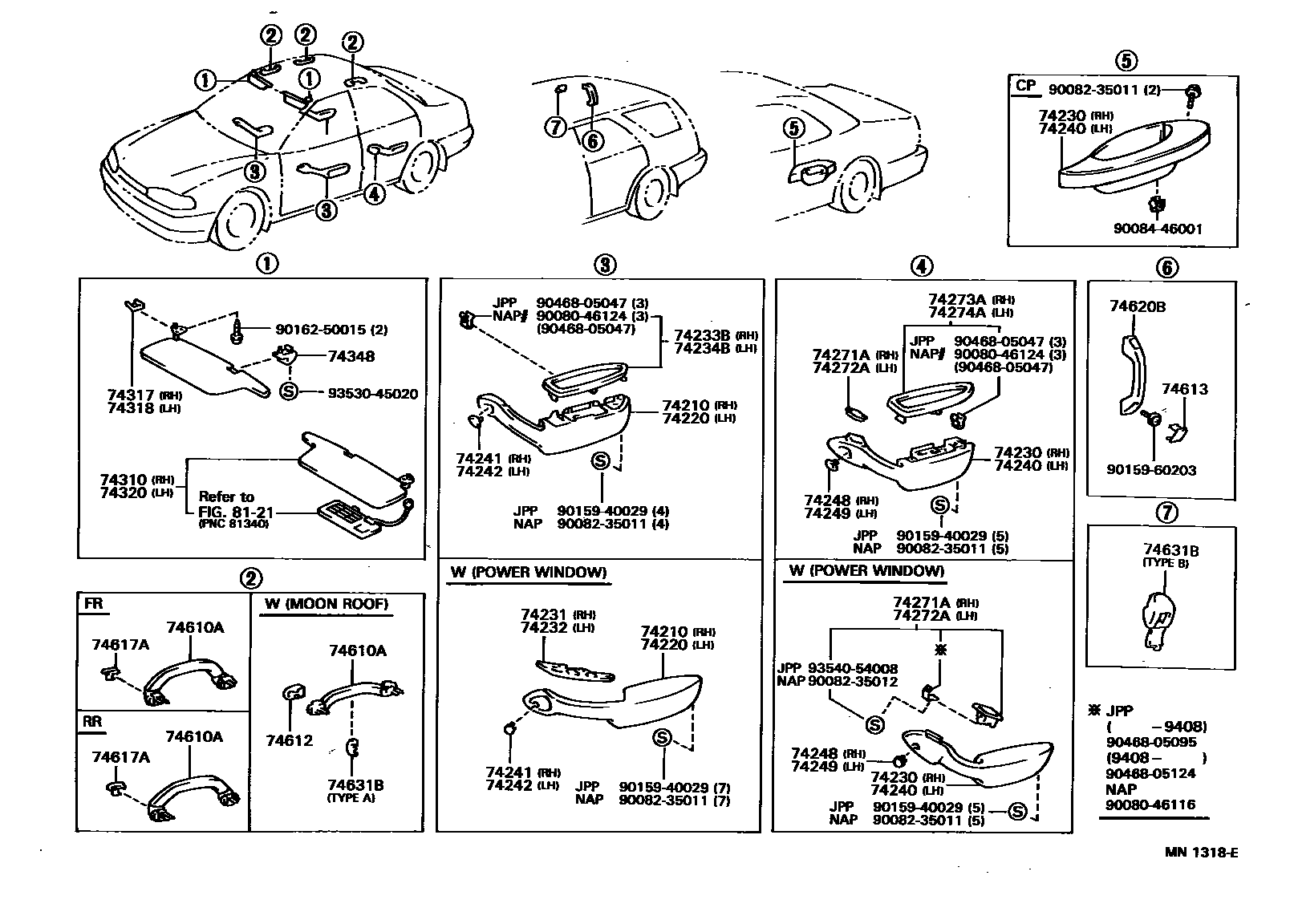Toyota CAMRY 扶手和遮阳板 EPC diagram — MN1318E