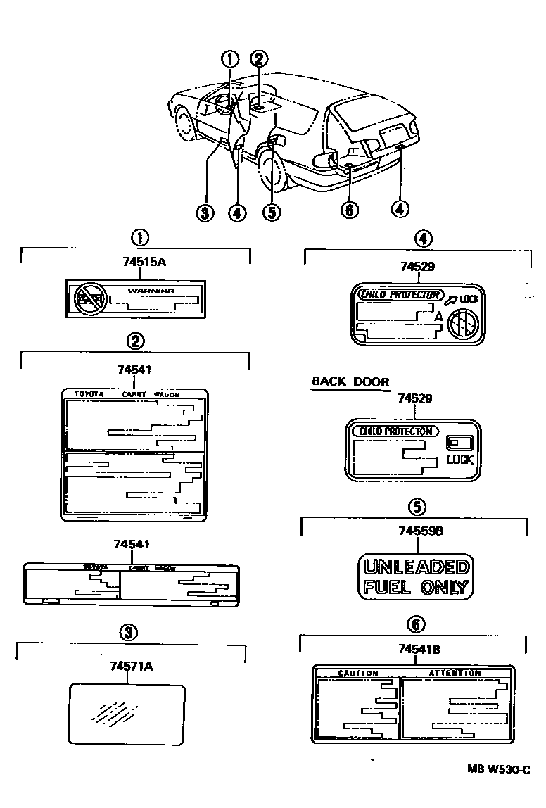 Toyota CAMRY 警示铭牌(车外和车内) EPC diagram — MBW530C