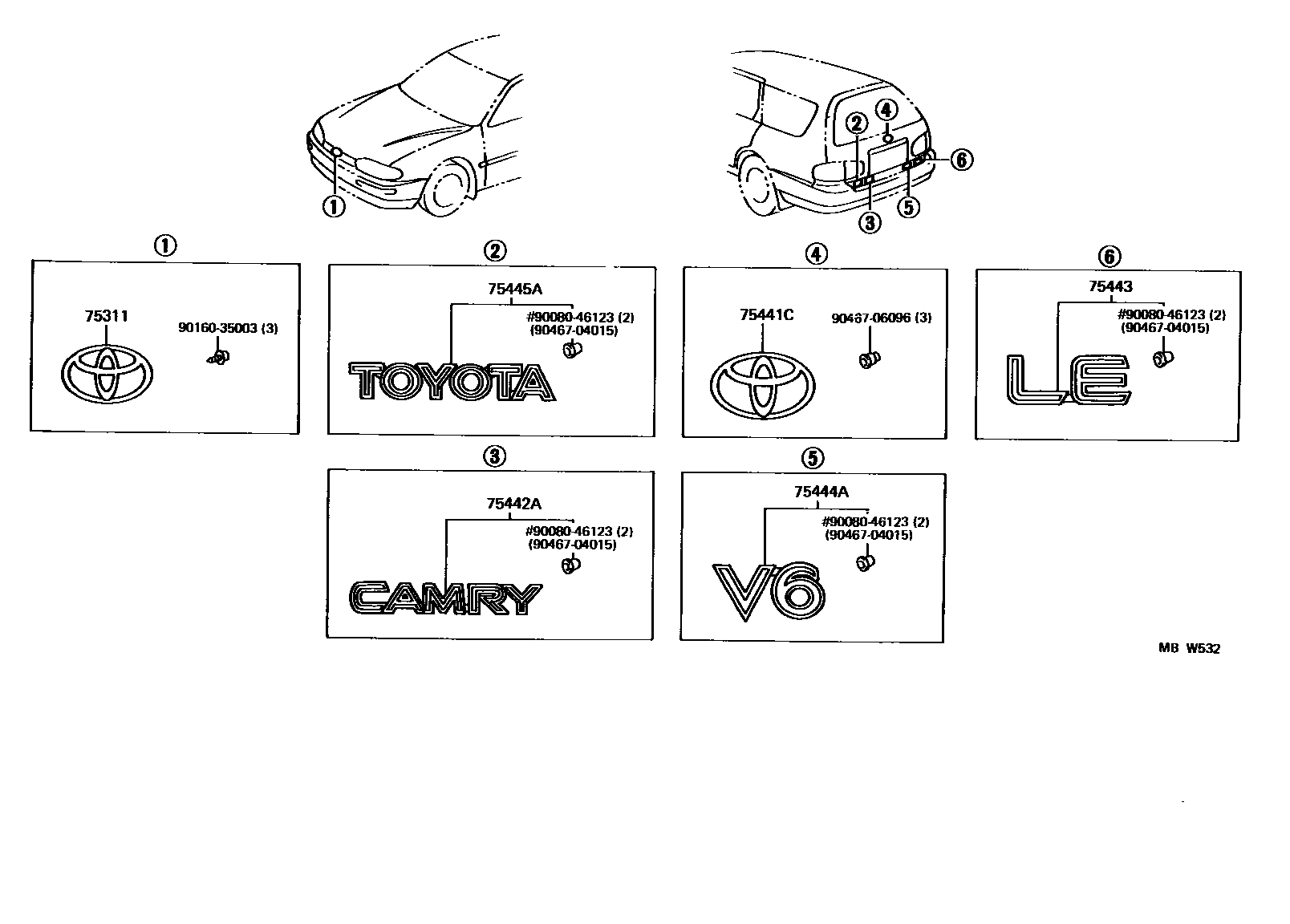 Toyota CAMRY 丰田徽标和铭牌(车外和车内) EPC diagram — MBW532