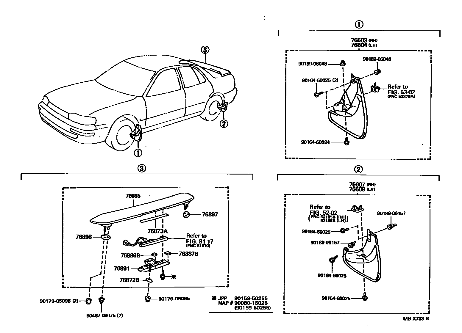 Toyota CAMRY 挡泥板和扰流板 EPC diagram — MBX733B