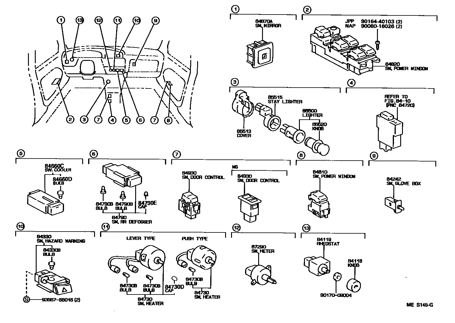 Toyota CAMRY 开关和继电器和ECU EPC diagram — MES145G