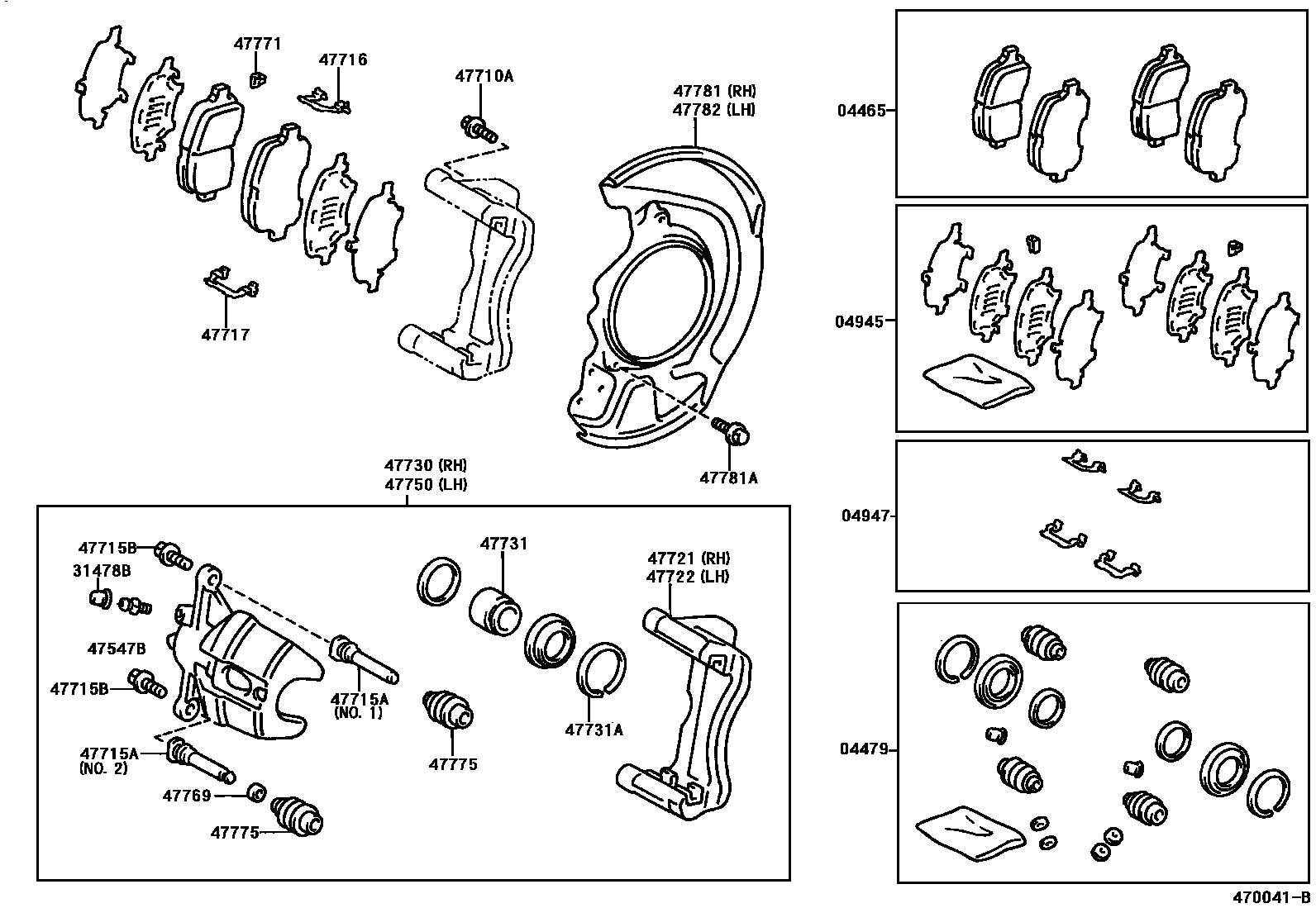 Toyota CAMRY 前盘式制动器卡钳和防尘罩 EPC diagram — 470041B