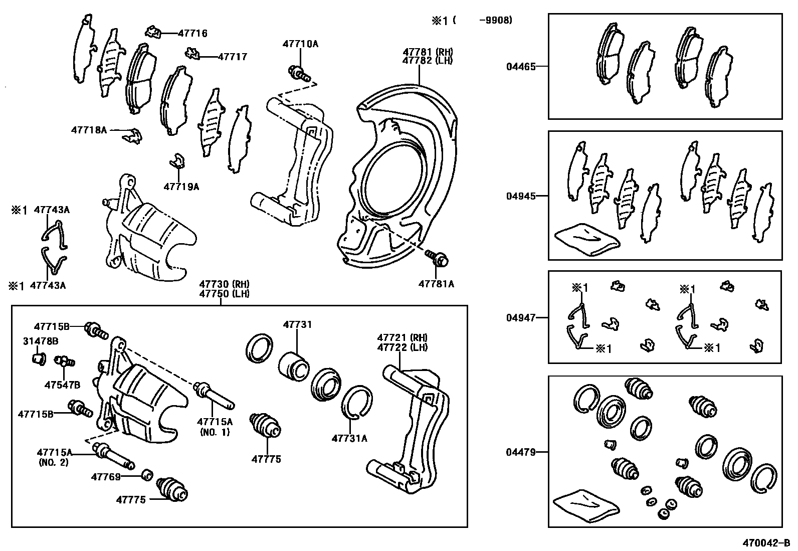 Toyota CAMRY 前盘式制动器卡钳和防尘罩 EPC diagram — 470042B