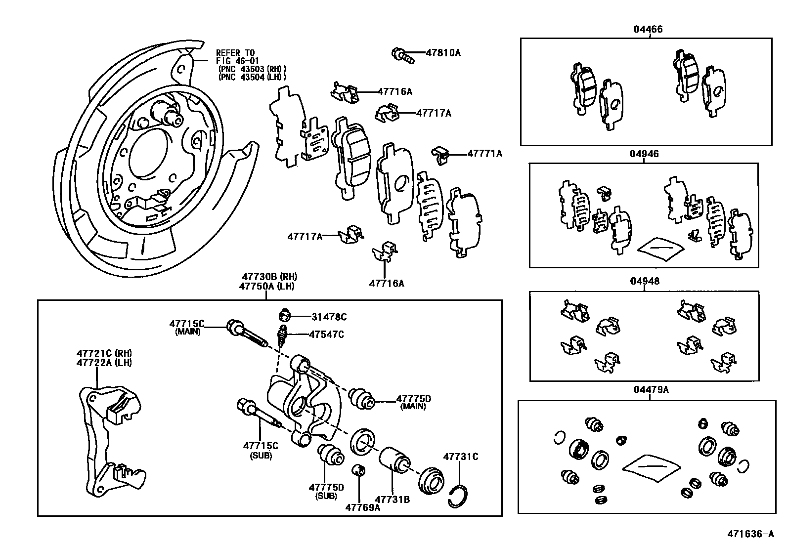 Toyota CAMRY 后盘式制动器卡钳和防尘罩 EPC diagram — 471636A