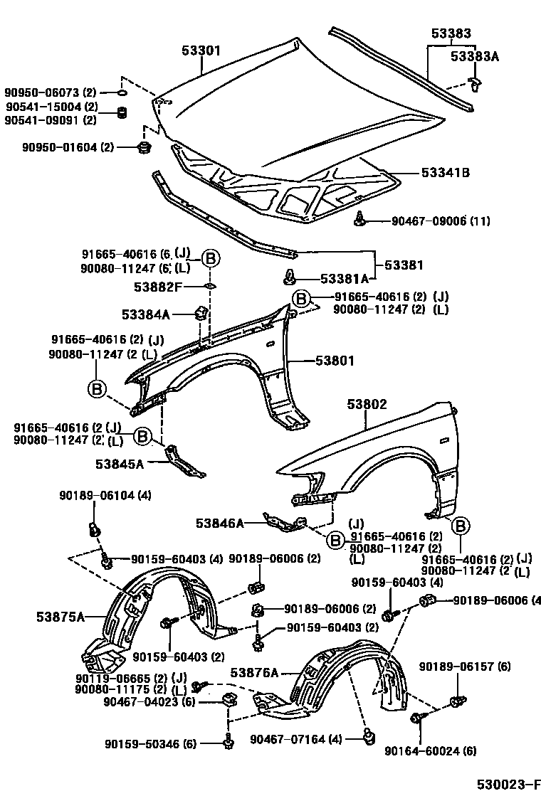 Toyota CAMRY 发动机盖和前翼子板 EPC diagram — 530023F
