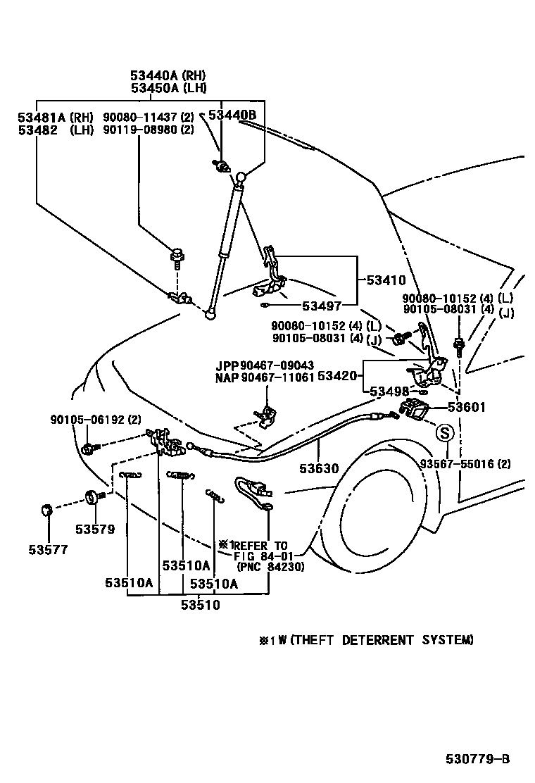 Toyota CAMRY 发动机盖锁和铰链 EPC diagram — 530779B