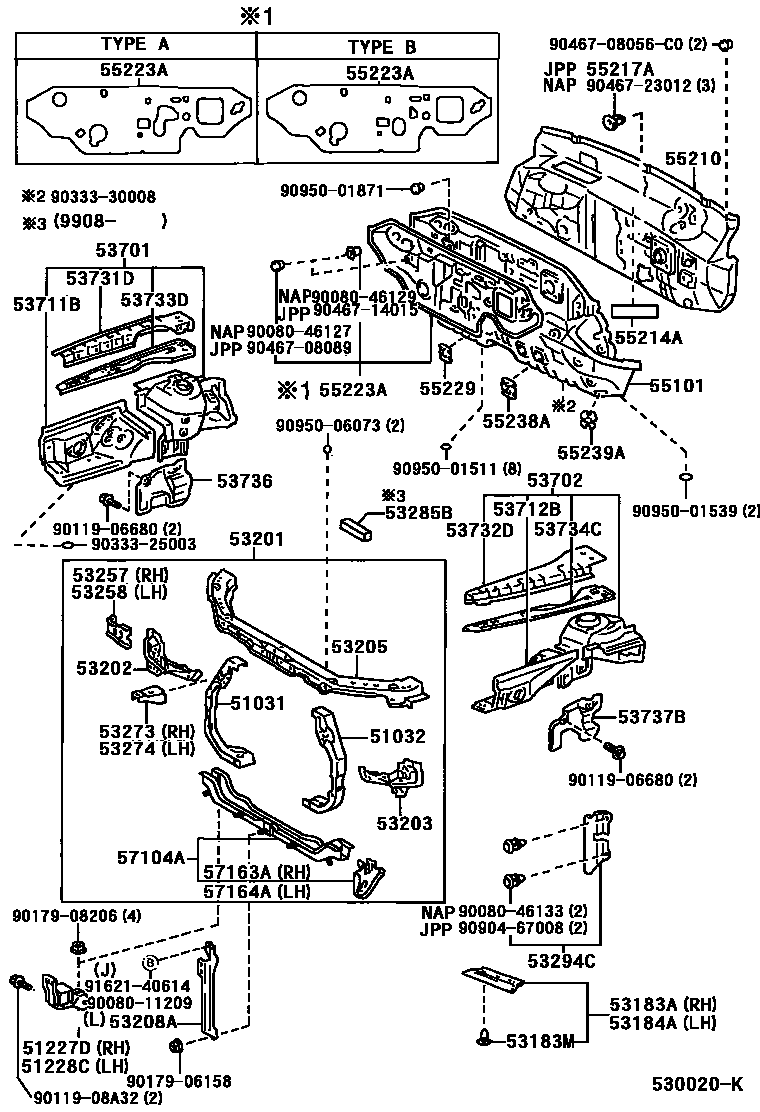 Toyota CAMRY 前翼子板挡泥板和前围板 EPC diagram — 530020K