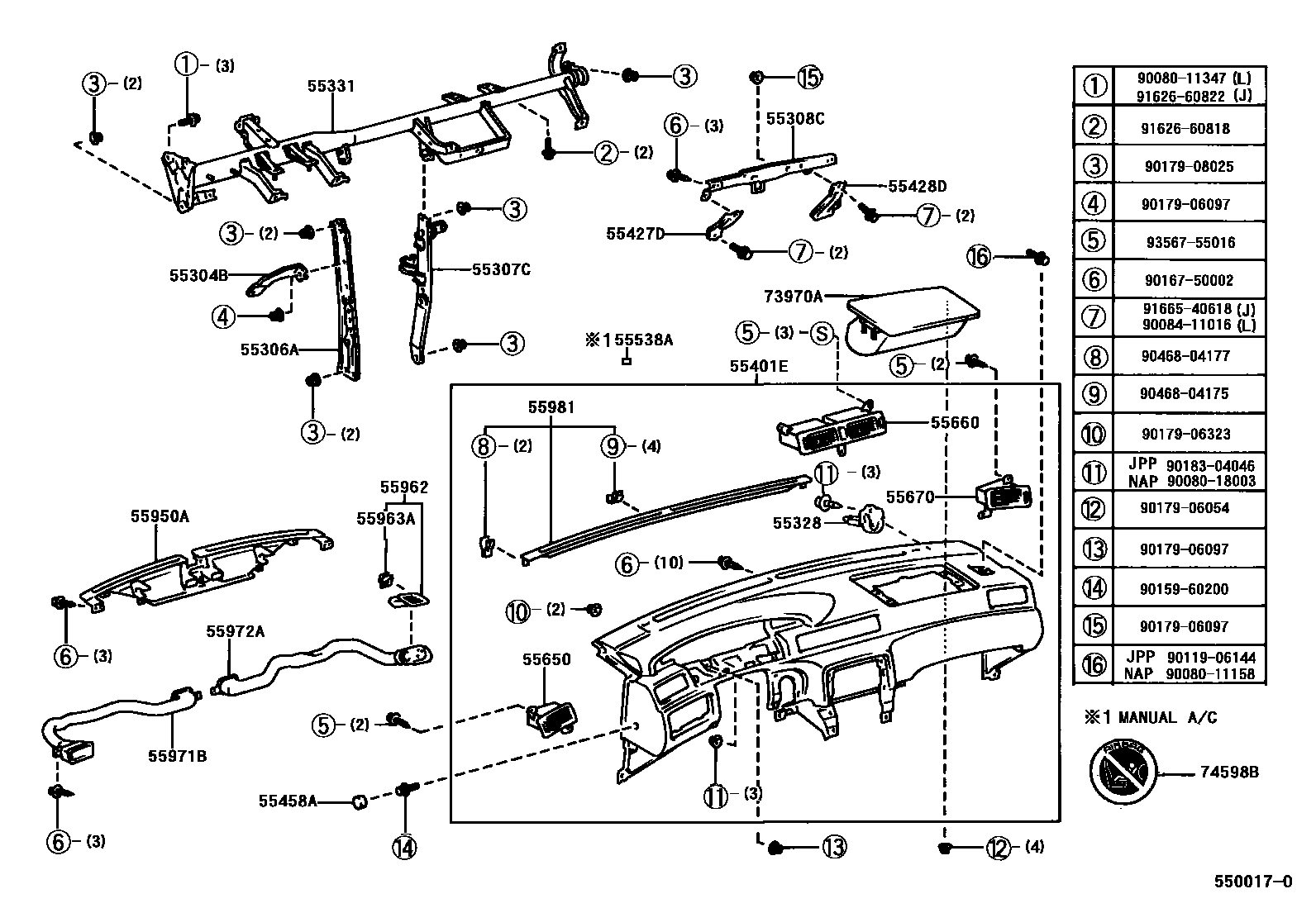 Toyota CAMRY 仪表板和手套箱 EPC diagram — 550017O