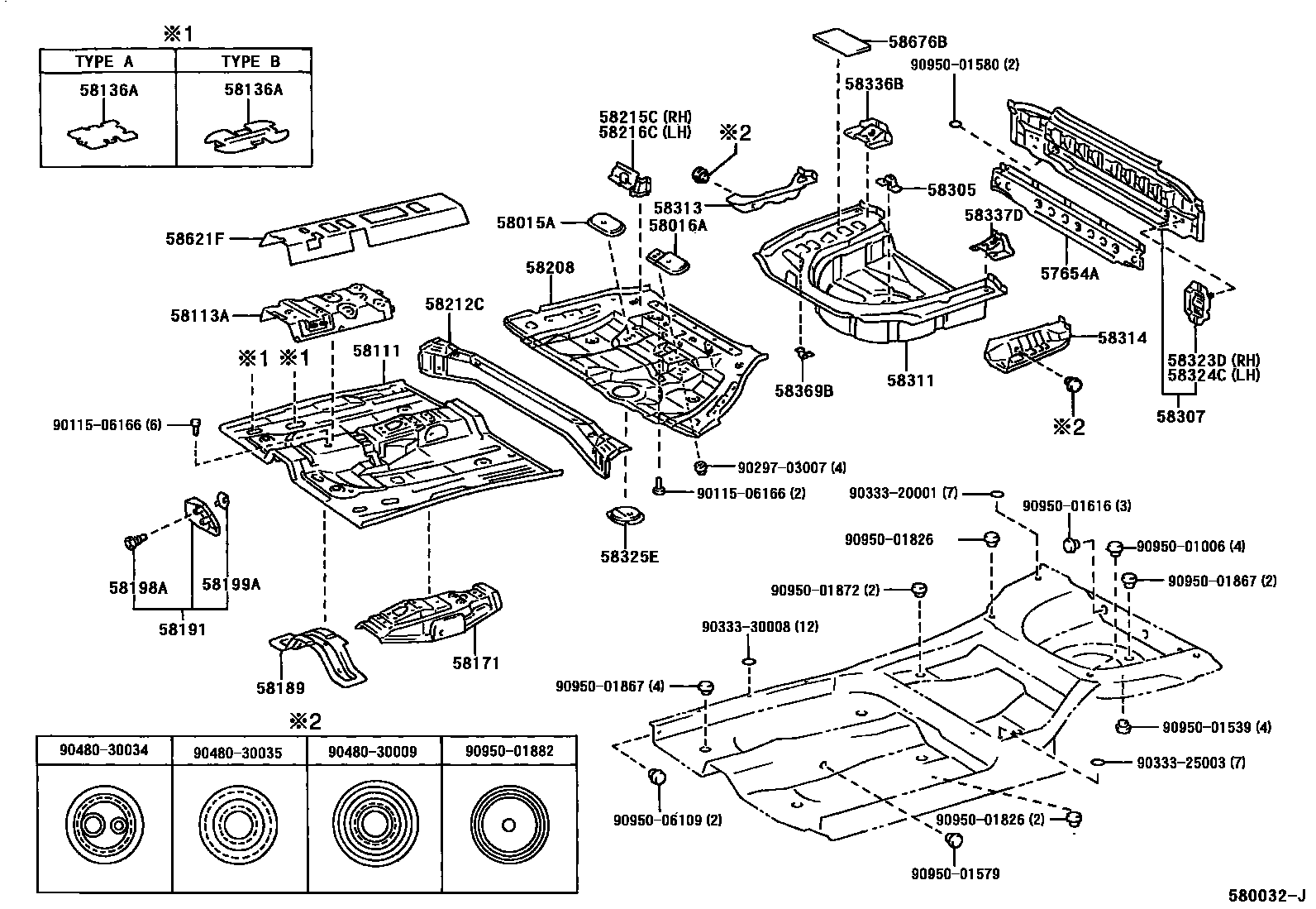 Toyota CAMRY 浅盘形地板和车身下背板 EPC diagram — 580032J