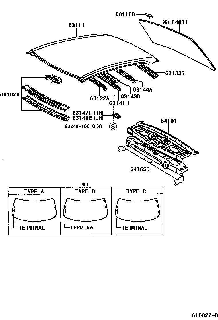 Toyota CAMRY 天窗板和背窗玻璃 EPC diagram — 610027B
