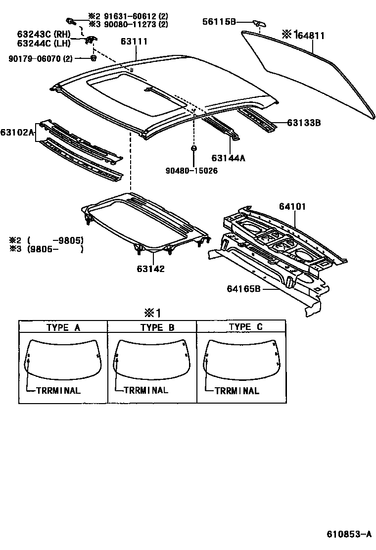 Toyota CAMRY 天窗板和背窗玻璃 EPC diagram — 610853A