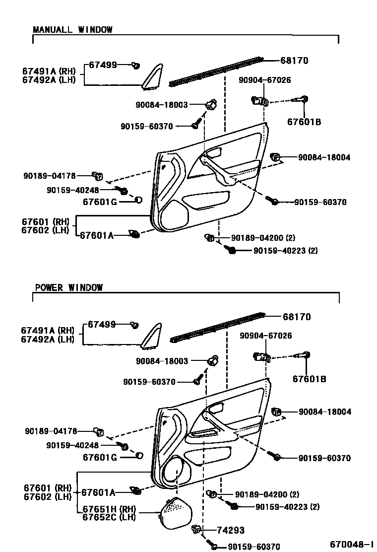 Toyota CAMRY 前门板和前门玻璃 EPC diagram — 670048I