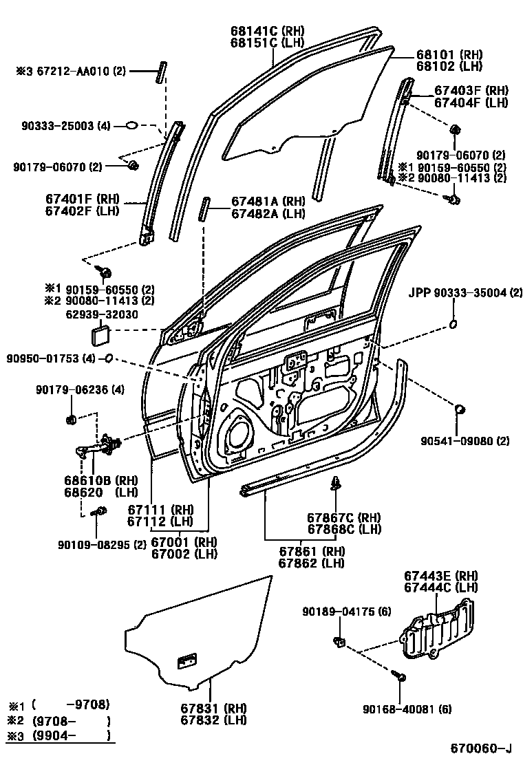 Toyota CAMRY 前门板和前门玻璃 EPC diagram — 670060J