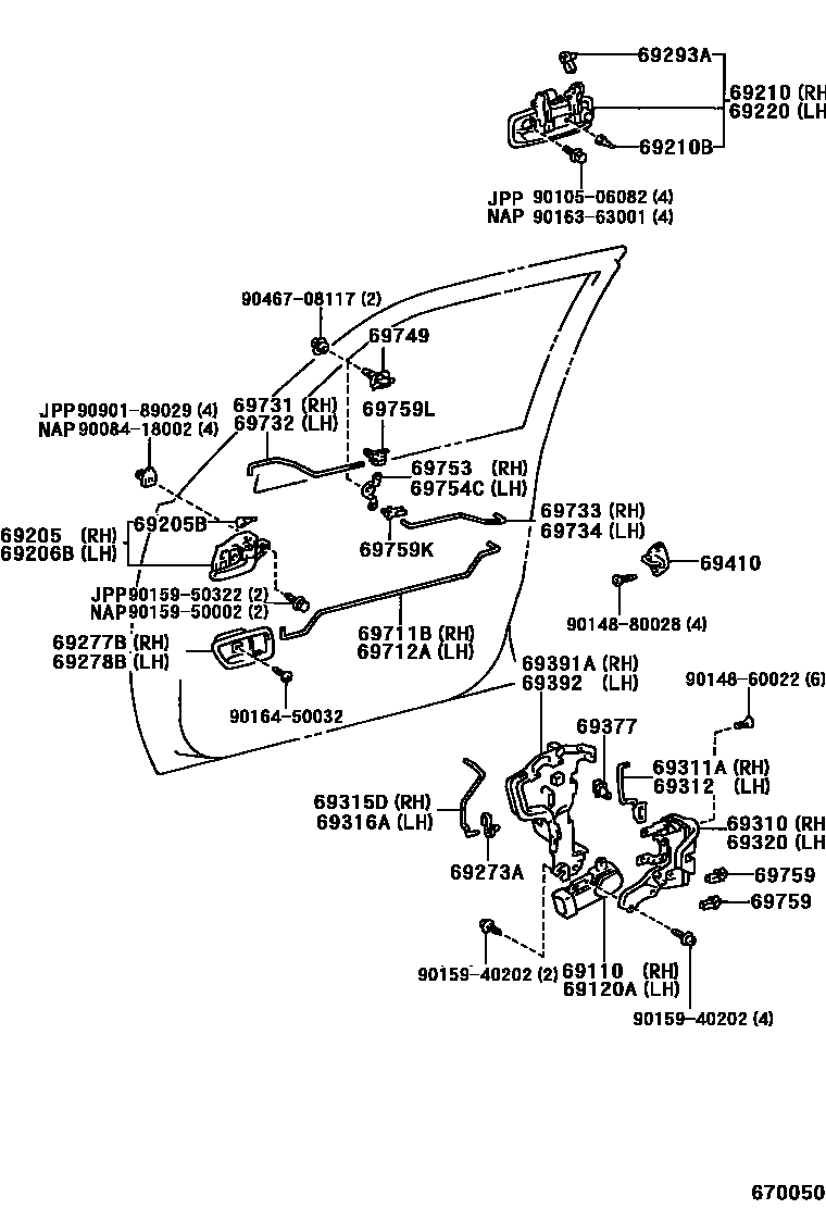 Toyota CAMRY 前门锁和车门把手 EPC diagram — 670050
