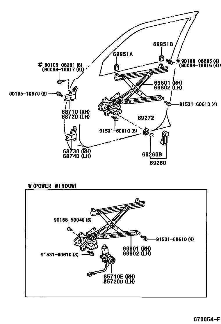 Toyota CAMRY 前门车窗升降器和合页 EPC diagram — 670054F