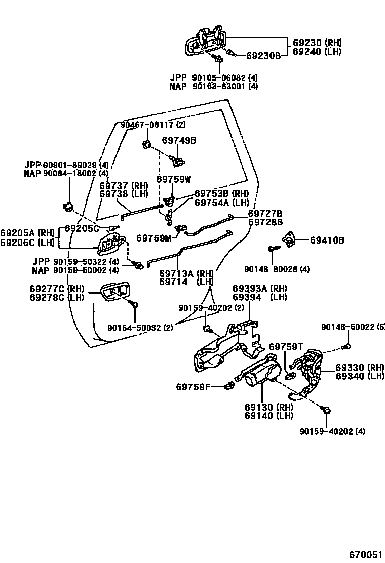 Toyota CAMRY 后门锁和后门把手 EPC diagram — 670051