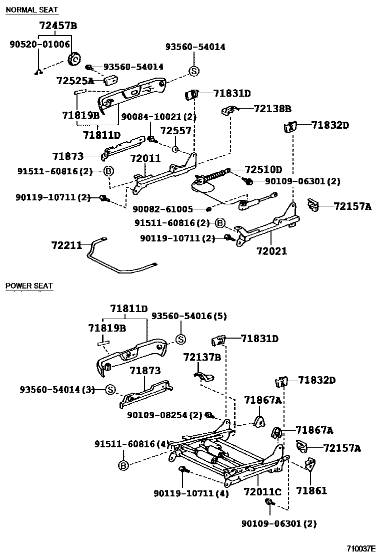 Toyota CAMRY 前排座椅和座椅滑轨 EPC diagram — 710037E