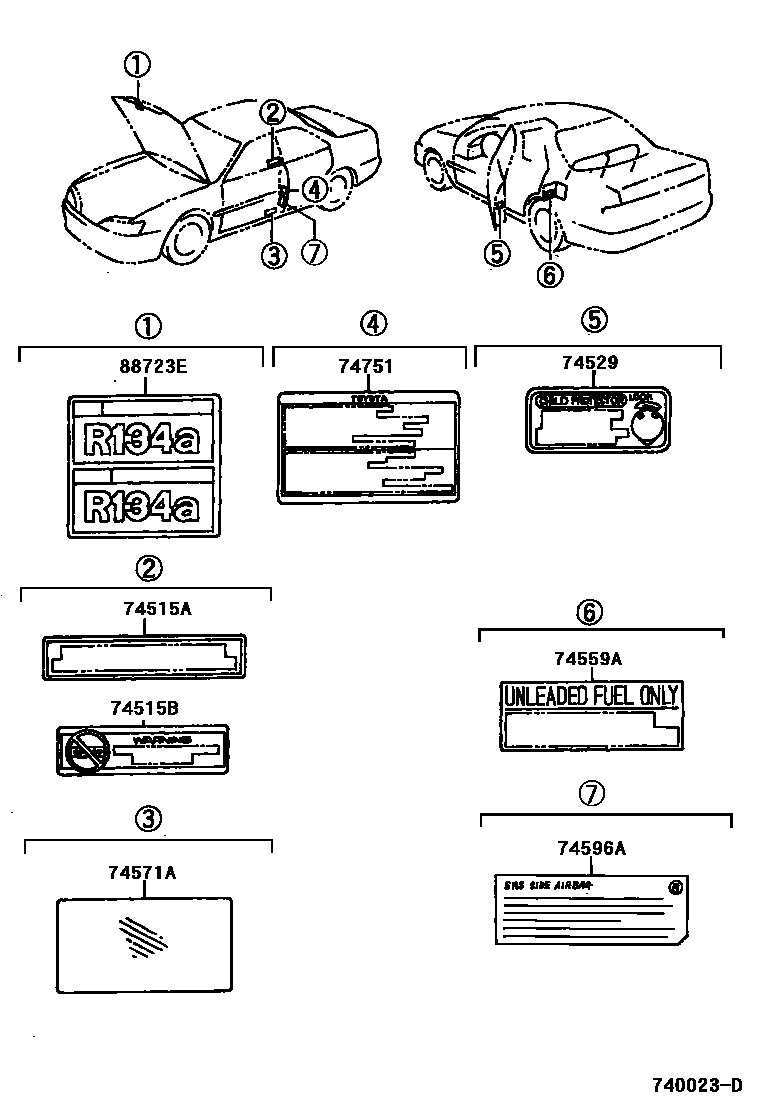 Toyota CAMRY 警示铭牌(车外和车内) EPC diagram — 740023D