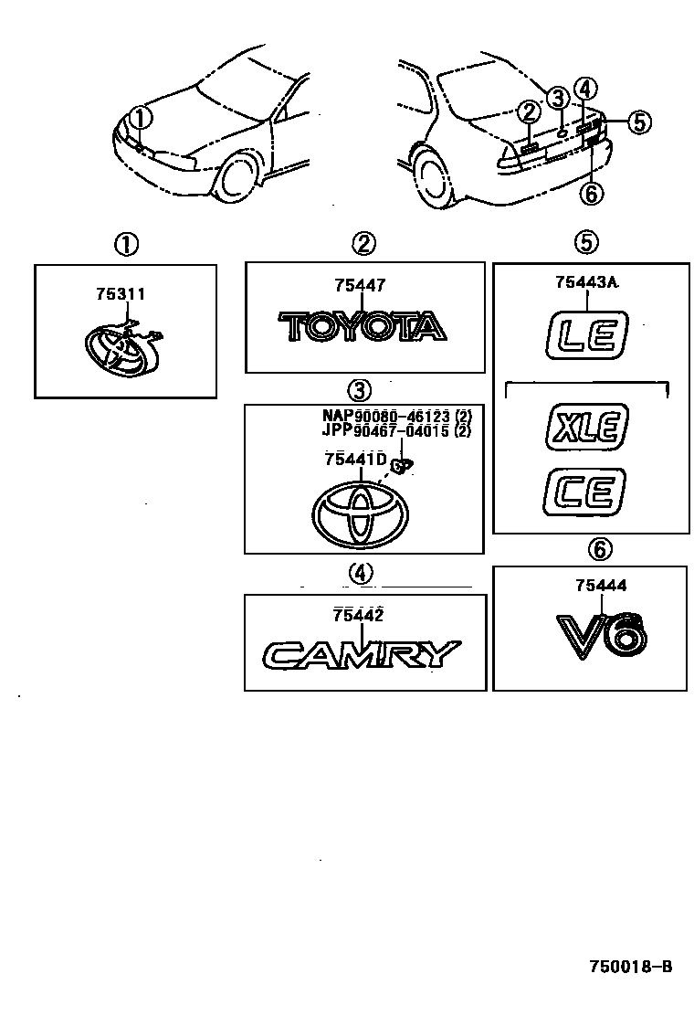 Toyota CAMRY 丰田徽标和铭牌(车外和车内) EPC diagram — 750018B