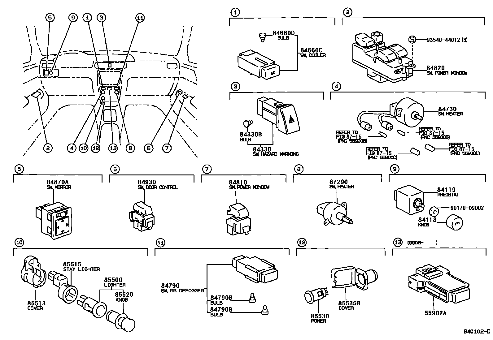 Toyota CAMRY 开关和继电器和ECU EPC diagram — 840102D
