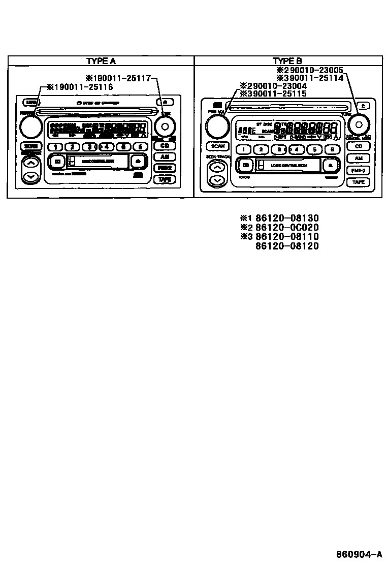Toyota CAMRY 收音机、放大器和冷凝器 EPC diagram — 860904A