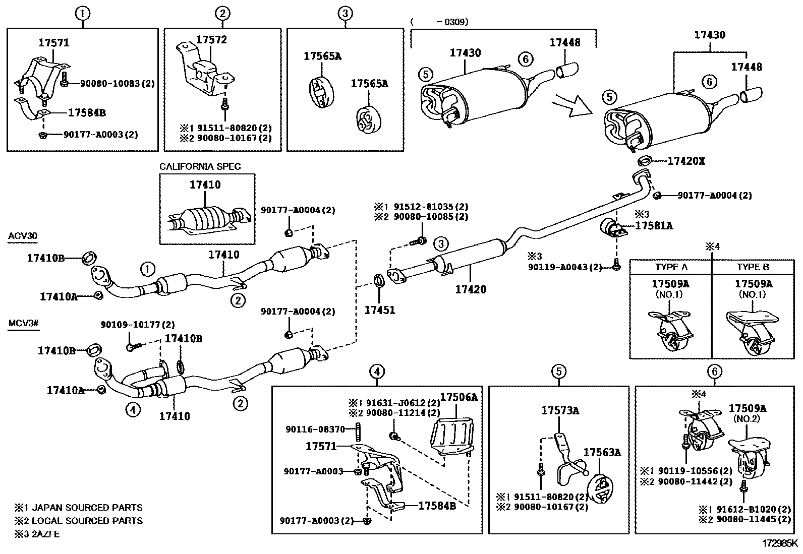 Toyota CAMRY Exhaust Pipe EPC diagram — 172985K