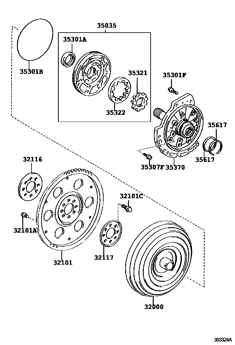 Toyota CAMRY 变矩器、前油泵和链条(ATM) EPC diagram — 353324A