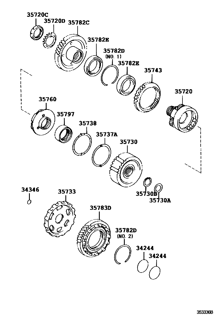 Toyota CAMRY 行星齿轮、倒档活塞和中间轴齿轮(ATM) EPC diagram — 353336B