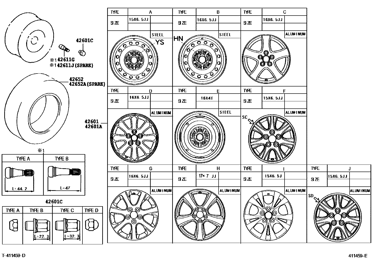 Toyota CAMRY 车轮和车轮盖 EPC diagram — 411459E
