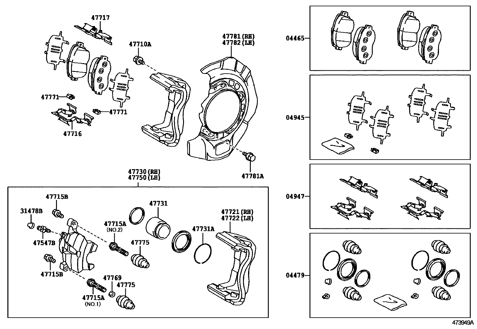 Toyota CAMRY 前盘式制动器卡钳和防尘罩 EPC diagram — 473949A